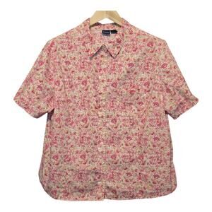 Basic Editions Floral Womens Top 2X Button Up Mature Stretch Office Green Pink
